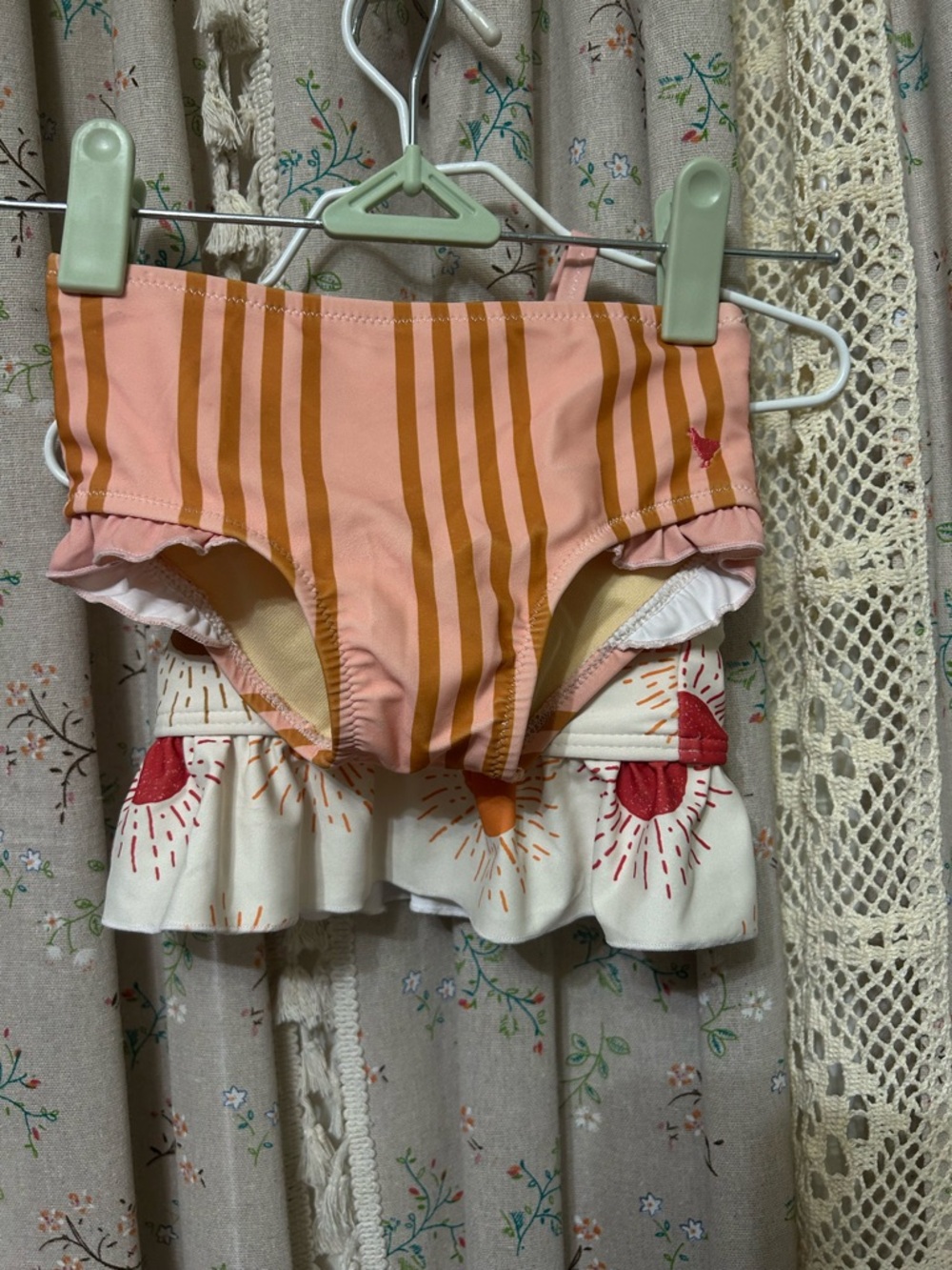 Pink Chicken Ruffle Bikini Set 12-18M | Sun Print + Stripe Bottom